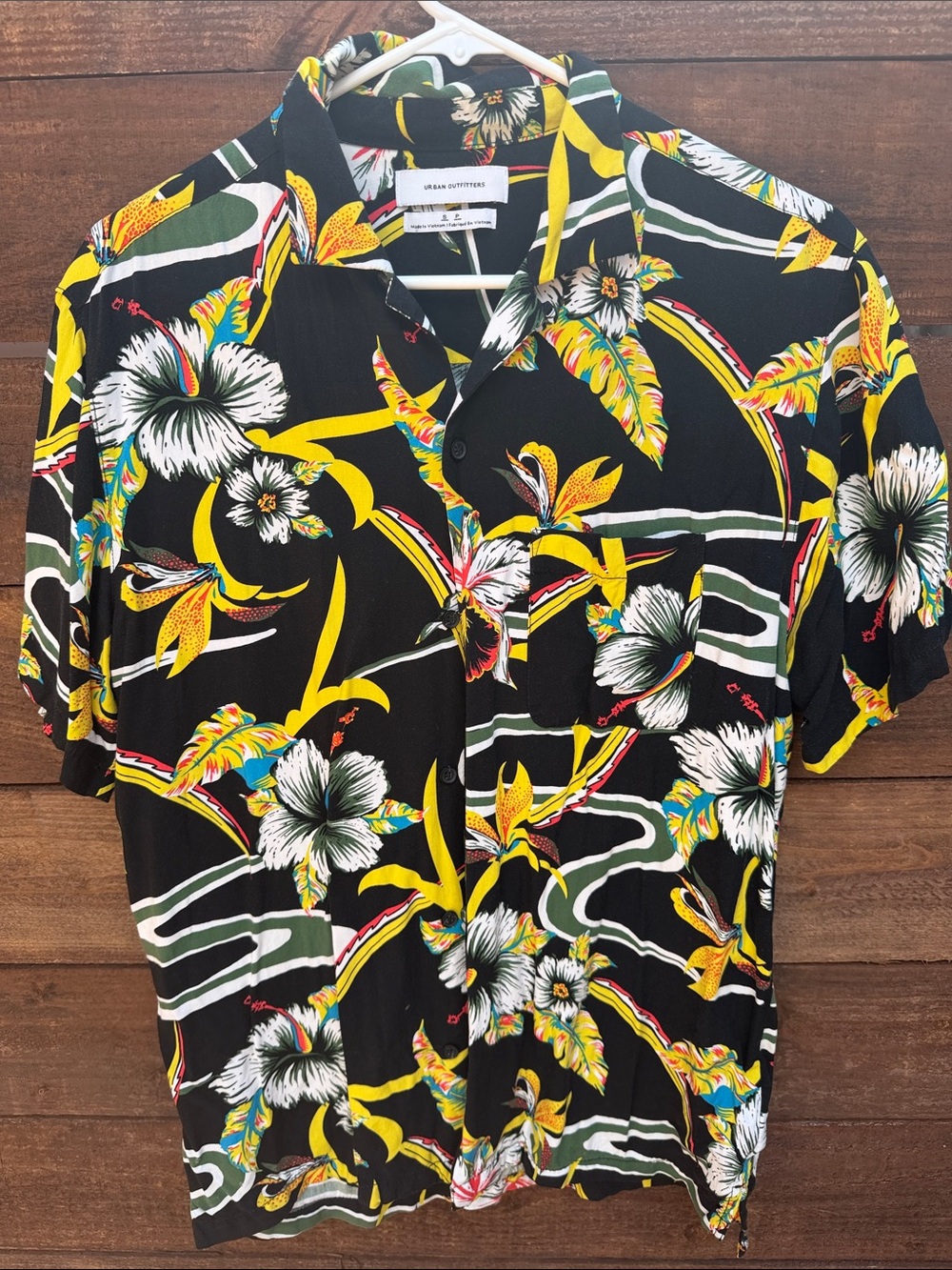 Urban Outfitters Black Floral Short-Sleeve Button-Down with Yellow Accents
